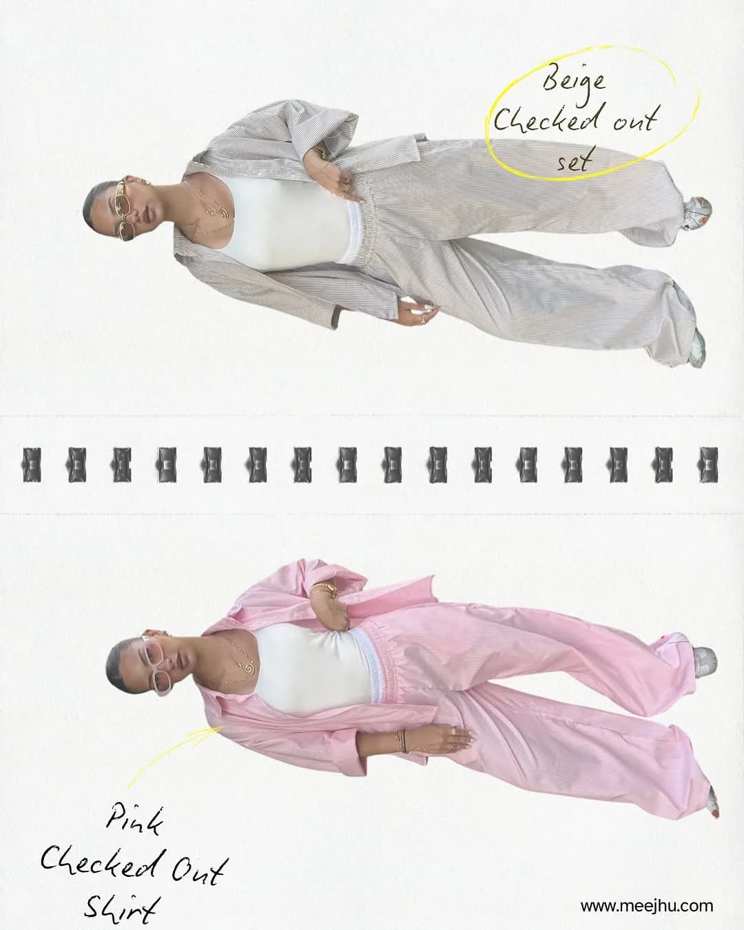 Beige and pink striped shirt and trouser colourways from the Checked Out collection